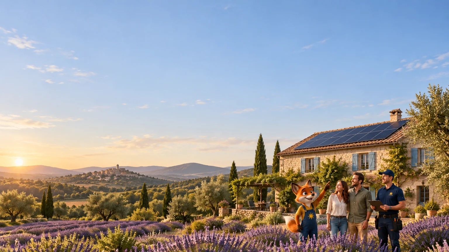 Le renard de Renard Solaire, un couple et un installateur devant une maison provençale équipée de panneaux solaires.