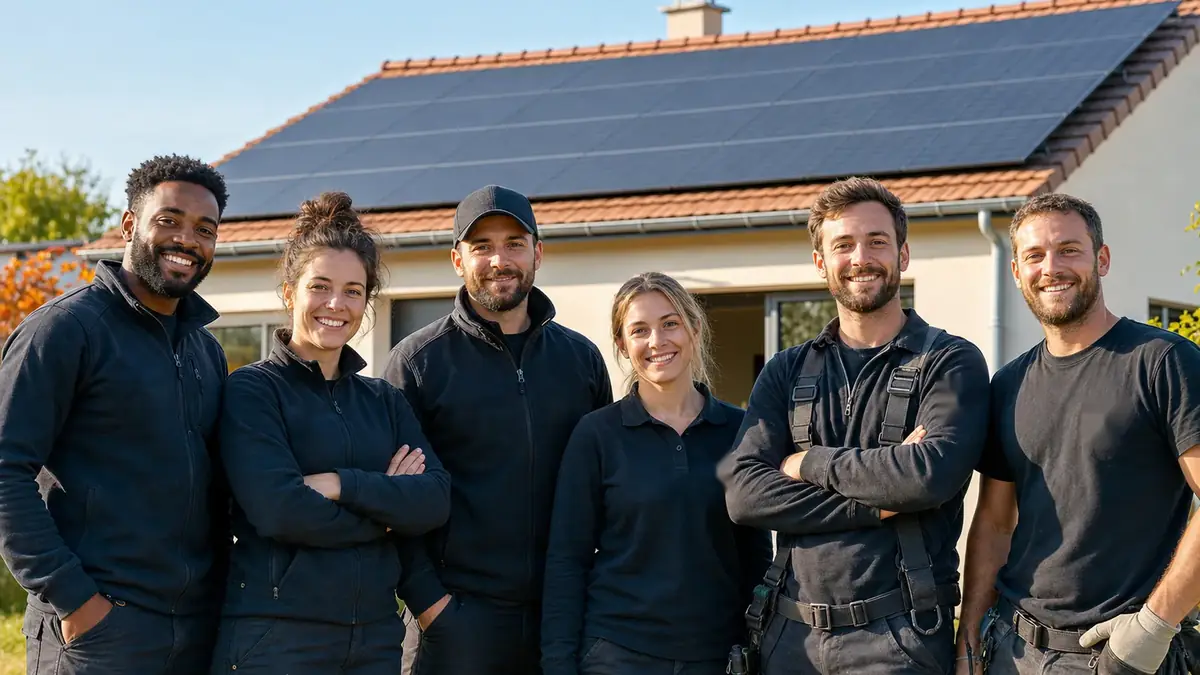 Une équipe d’installateurs souriants devant une maison équipée de panneaux solaires.