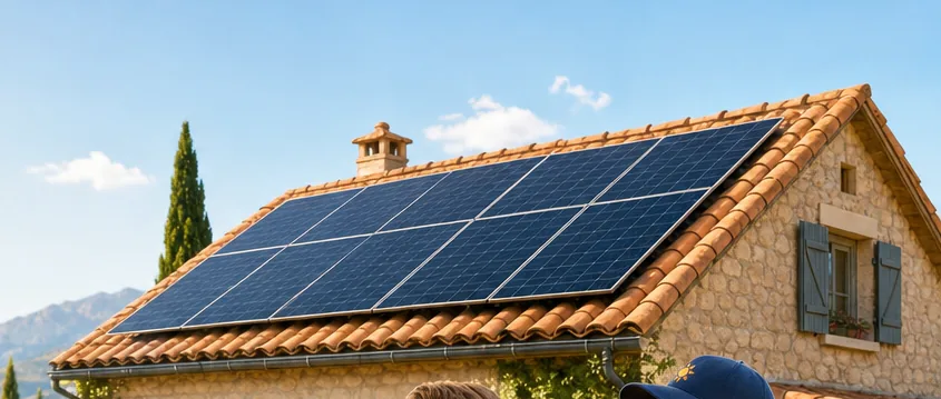 Toit en tuiles d’une maison provençale, équipé de panneaux solaires sur son pan exposé au soleil.